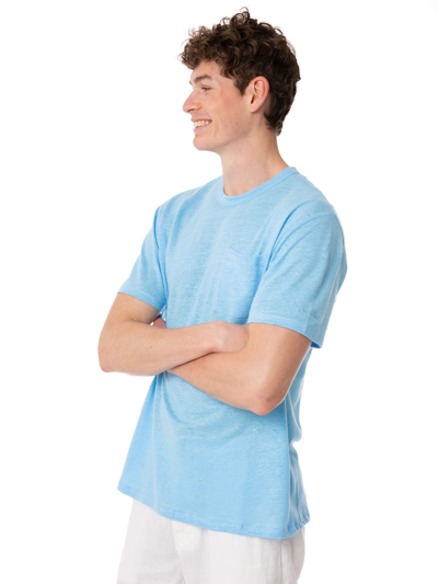 Mc2 Saint Barth Man Light Blue Linen Jersey T-shirt Ecstasea With Pocket In Blue