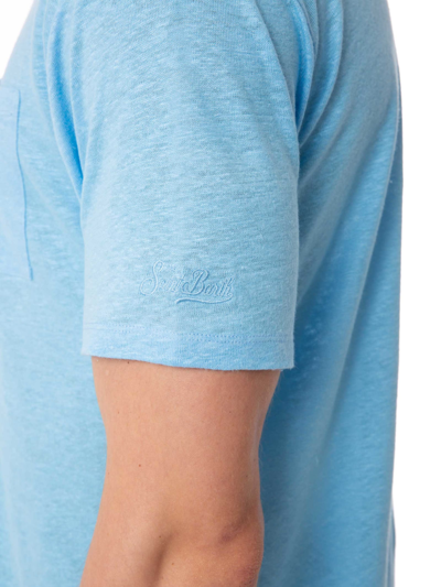 Mc2 Saint Barth Man Light Blue Linen Jersey T-shirt Ecstasea With Pocket In Blue