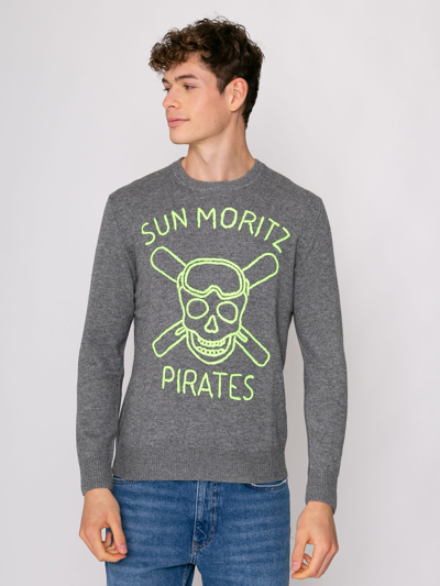 Mc2 Saint Barth Man Grey Sweater Sun Moritz Pirates Fluo Embroidery In Grey