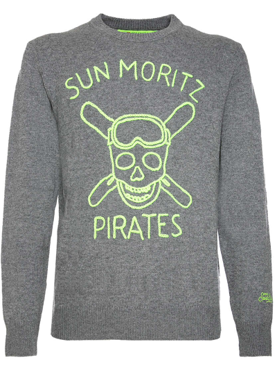 Mc2 Saint Barth Man Grey Sweater Sun Moritz Pirates Fluo Embroidery In Grey