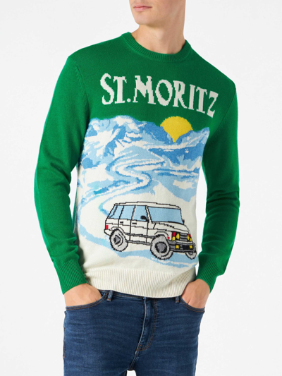 Mc2 Saint Barth Man Crewneck Sweater With Zermatt Postcard Jacquard Print