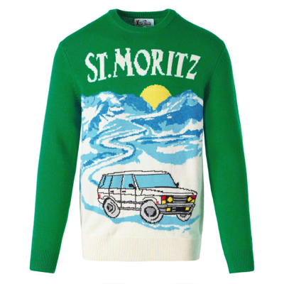 Mc2 Saint Barth Man Crewneck Sweater With Zermatt Postcard Jacquard Print