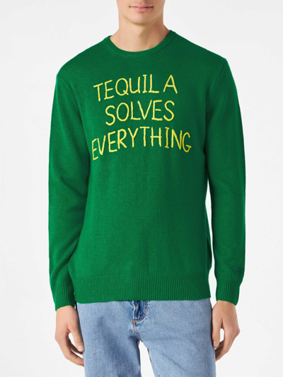 Shop Mc2 Saint Barth Man Green Sweater With Tequila Solves Everything Embroidery