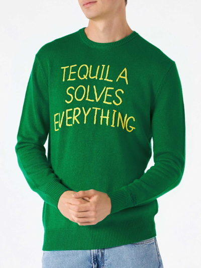 Shop Mc2 Saint Barth Man Green Sweater With Tequila Solves Everything Embroidery