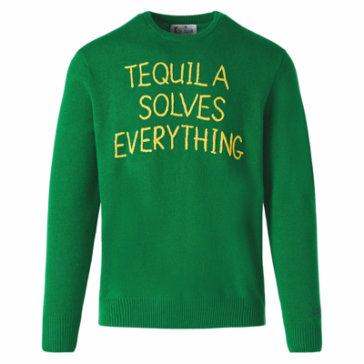 Shop Mc2 Saint Barth Man Green Sweater With Tequila Solves Everything Embroidery