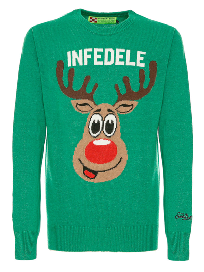 Mc2 Saint Barth Man Green Sweater Infedele Print In Green