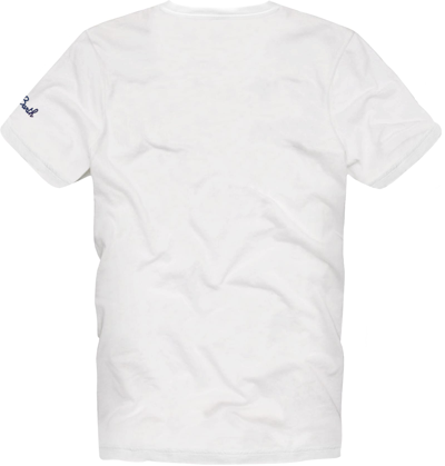 Shop Mc2 Saint Barth Man Cotton T-shirt With Mykonos Postcard Print In White