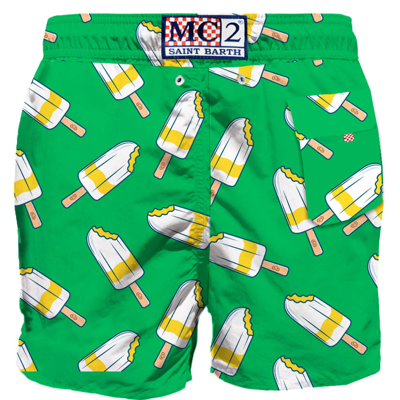 Mc2 Saint Barth Man Classic Swim Shorts With Lemonissimo Print Algida® Special Edition In Green