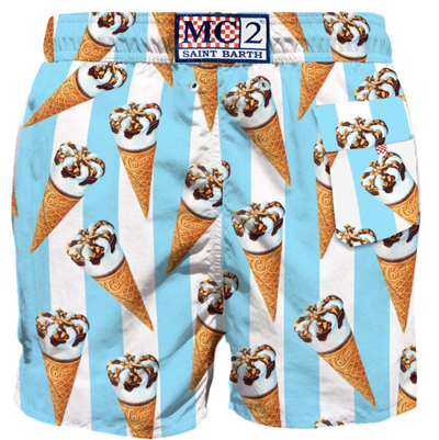 Mc2 Saint Barth Mid-length Swim Shorts Cornetto Print Algida Special Edition In Blue