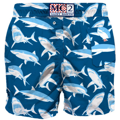 Mc2 Saint Barth Man Classic Swim Shorts Sharks Print In Blue