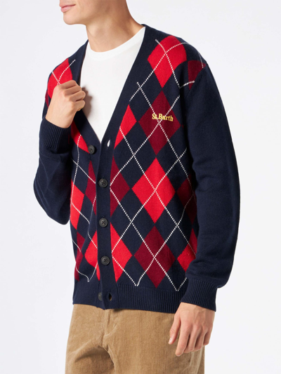 Mc2 Saint Barth Man Cardigan With Argyle Print In Blue
