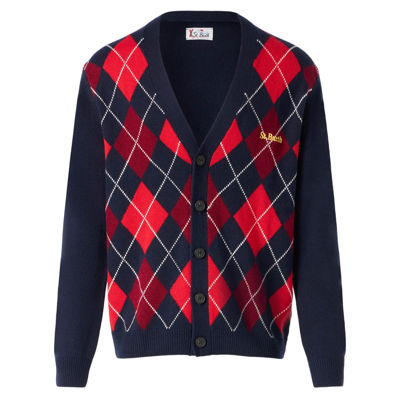 Mc2 Saint Barth Man Cardigan With Argyle Print In Blue