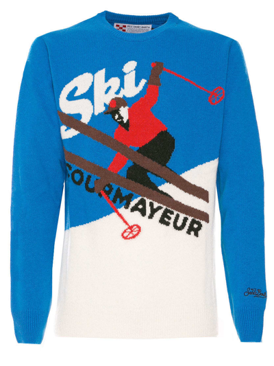 Shop Mc2 Saint Barth Man Bluette And White Sweater With Courmayeur Postcard