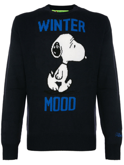 Mc2 Saint Barth Man Blue Sweater Winter Mood Snoopy Print - Peanuts Special Edition In Blue