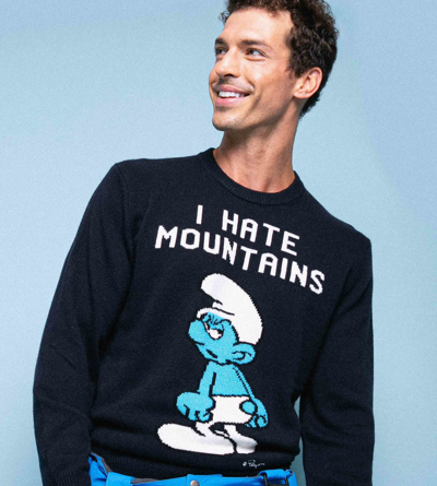 Mc2 Saint Barth Man Blue Navy Sweater I Hate Mountains Smurf Print ©peyo Special Edition In Blue