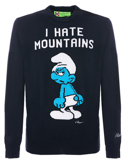 Mc2 Saint Barth Man Blue Navy Sweater I Hate Mountains Smurf Print ©peyo Special Edition In Blue