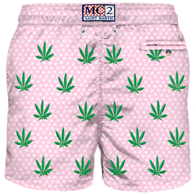 Mc2 Saint Barth Light Fabric Man Swim Shorts With Embroidered Leaves In Pink