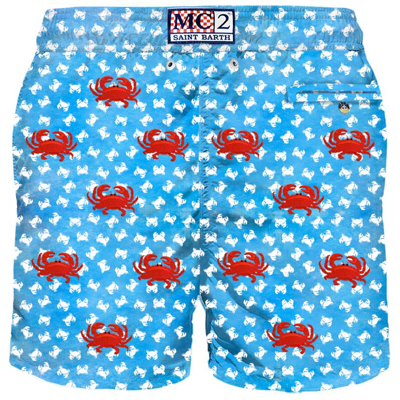Mc2 Saint Barth Light Fabric Man Swim Shorts With Embroidered Crabs In Blue