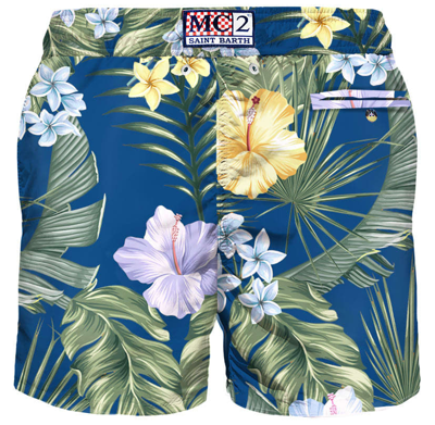 Mc2 Saint Barth Light Fabric Man Swim Shorts Tropical Print In Blue