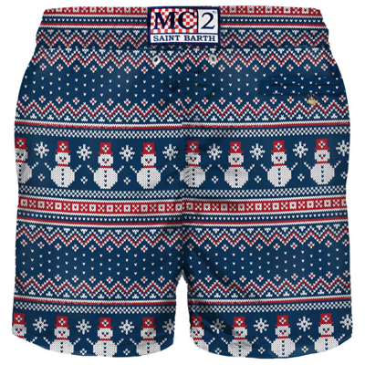 Mc2 Saint Barth Light Fabric Man Swim Shorts Snowman Print In Red