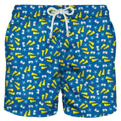 Mc2 Saint Barth Light Fabric Man Swim Shorts Snorkeling Print In Blue