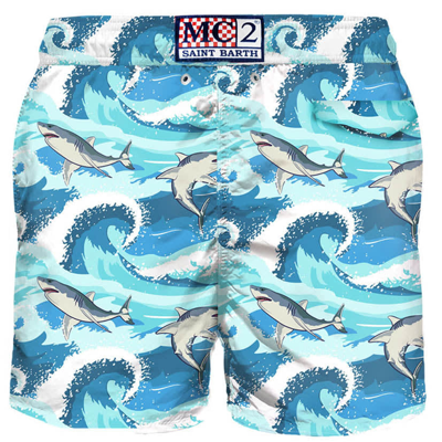 Mc2 Saint Barth Light Fabric Man Swim Shorts Sharks Print In Green