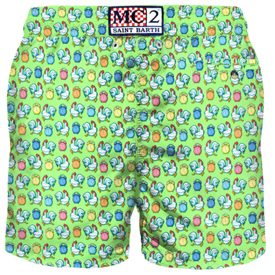 Mc2 Saint Barth Light Fabric Man Swim Shorts Roosters Print In Green