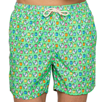 Mc2 Saint Barth Light Fabric Man Swim Shorts Roosters Print In Green