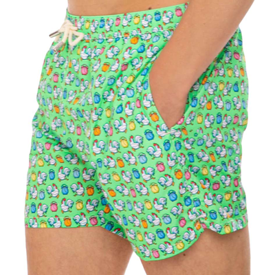 Mc2 Saint Barth Light Fabric Man Swim Shorts Roosters Print In Green