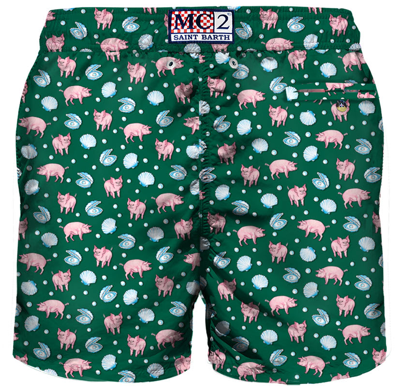 Shop Mc2 Saint Barth Light Fabric Man Swim Shorts Pig And Pearl Print In Green