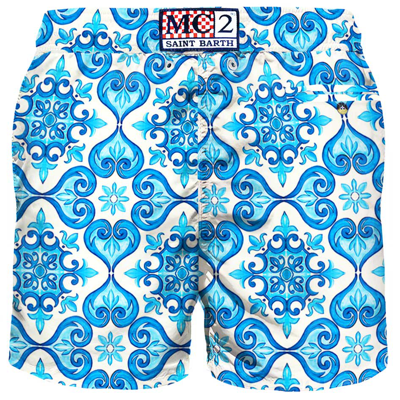 Mc2 Saint Barth Light Fabric Man Swim Shorts Maiolica Print In Blue
