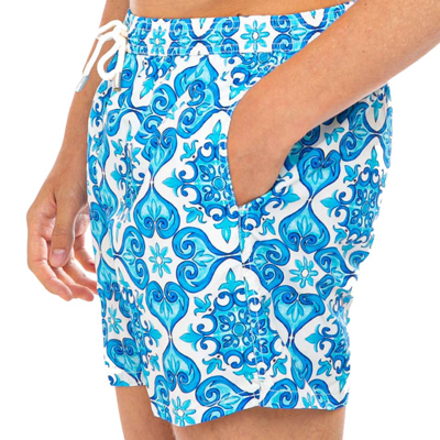 Mc2 Saint Barth Light Fabric Man Swim Shorts Maiolica Print In Blue