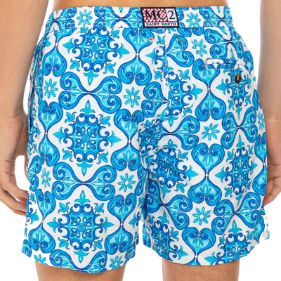 Mc2 Saint Barth Light Fabric Man Swim Shorts Maiolica Print In Blue