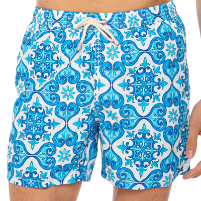 Mc2 Saint Barth Light Fabric Man Swim Shorts Maiolica Print In Blue