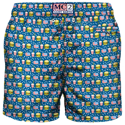 Mc2 Saint Barth Light Fabric Man Swim Shorts Fast Food Print In Blue