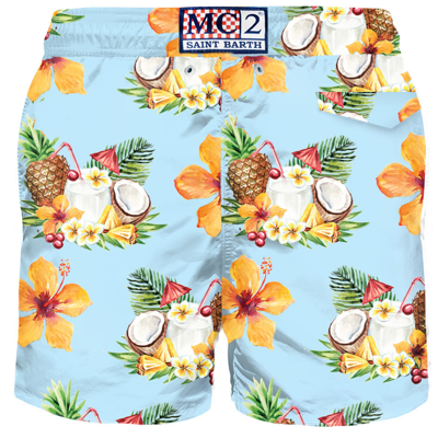Mc2 Saint Barth Light Fabric Man Swim Shorts Coconut And Pineapple Print In Blue