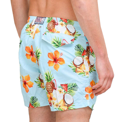 Mc2 Saint Barth Light Fabric Man Swim Shorts Coconut And Pineapple Print In Blue