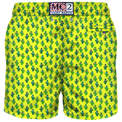 Mc2 Saint Barth Light Fabric Man Swim Shorts Cactus Print In Yellow