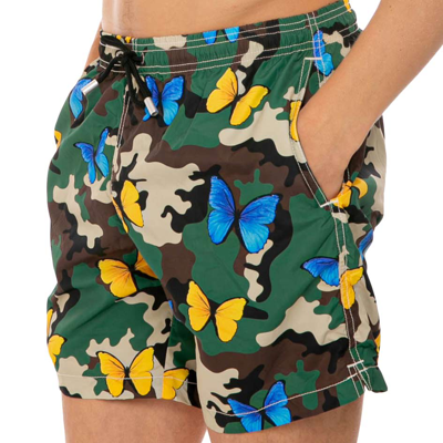 Mc2 Saint Barth Light Fabric Man Swim Shorts Butterfly And Camouflage Print In Green