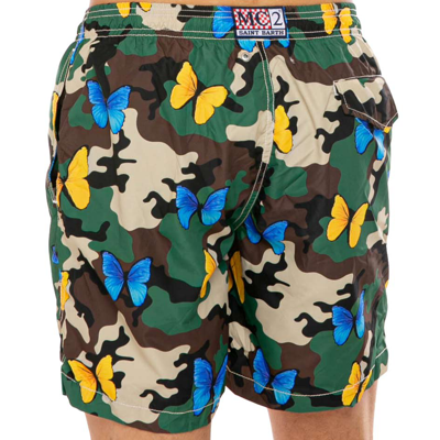 Mc2 Saint Barth Light Fabric Man Swim Shorts Butterfly And Camouflage Print In Green