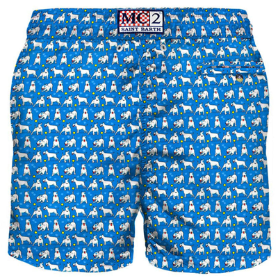 Mc2 Saint Barth Light Fabric Man Swim Shorts Bull Terrier Print In Blue