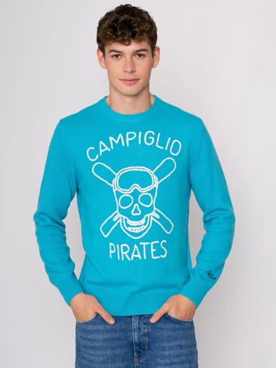 Shop Mc2 Saint Barth Man Sweater With Campiglio Pirates Embroidery In Blue