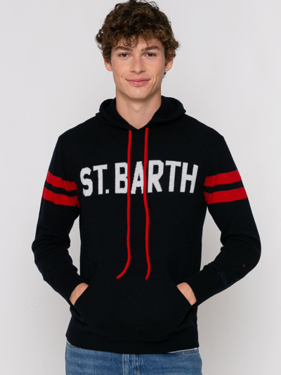 Shop Mc2 Saint Barth Knitted Hoodie With St. Barth Print In Blue