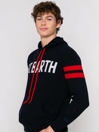 Shop Mc2 Saint Barth Knitted Hoodie With St. Barth Print In Blue