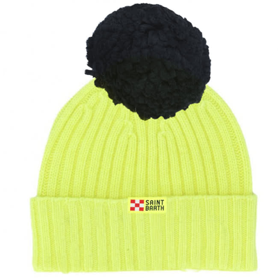 Mc2 Saint Barth Kid Cashmere Blended Yellow Fluo Hat Off Piste Embroidery In Yellow