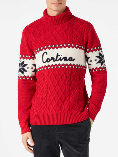 Shop Mc2 Saint Barth Half-turtleneck Sweater With Cortina Lettering In Red