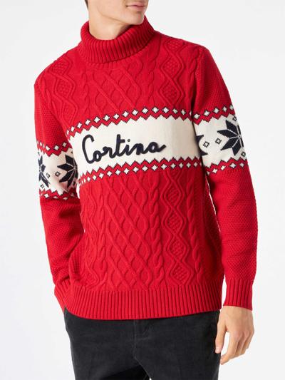 Shop Mc2 Saint Barth Half-turtleneck Sweater With Cortina Lettering In Red