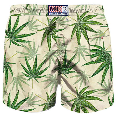 Mc2 Saint Barth Green Leaves All Over Print Swim Shorts In Brown
