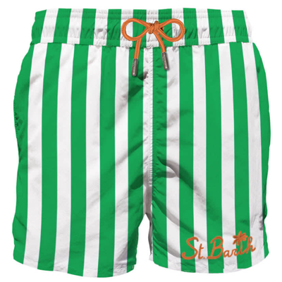 Shop Mc2 Saint Barth Green Mid-length Swim Shorts With Embroidery