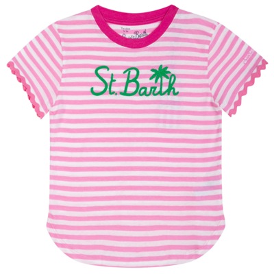 Shop Mc2 Saint Barth Girl T-shirt With Stripes And Embroidery In Pink